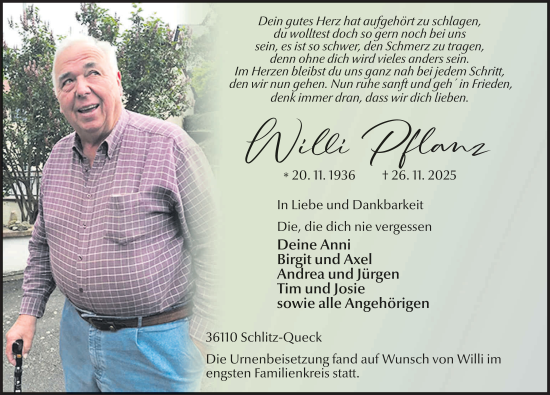 Traueranzeige von Willi Pflanz von FZ