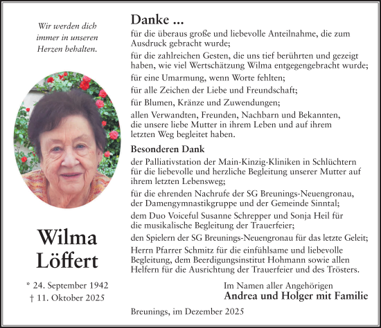 Traueranzeige von Wilma Löffert von FZ