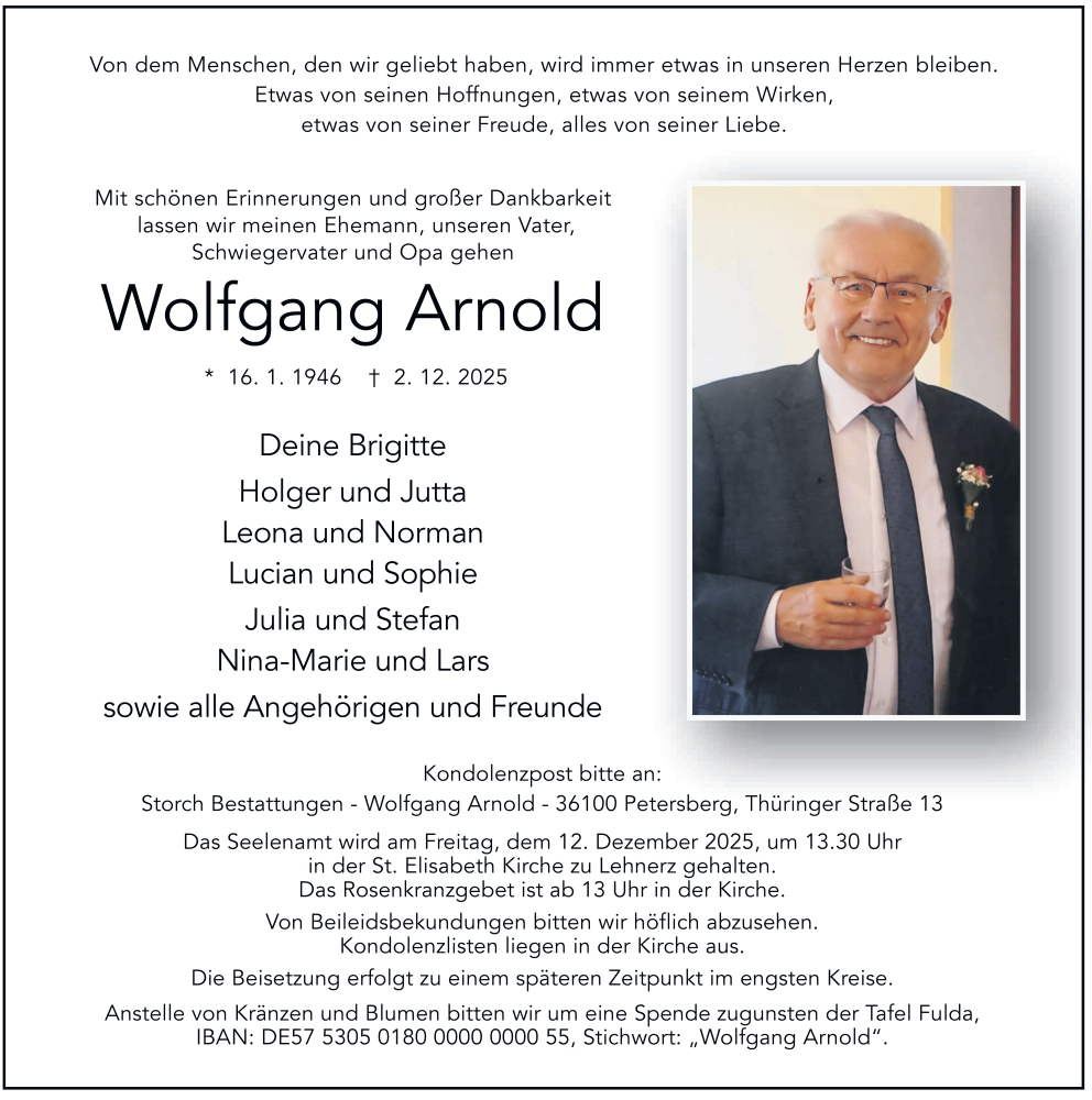  Traueranzeige für Wolfgang Arnold vom 06.12.2025 aus FZ