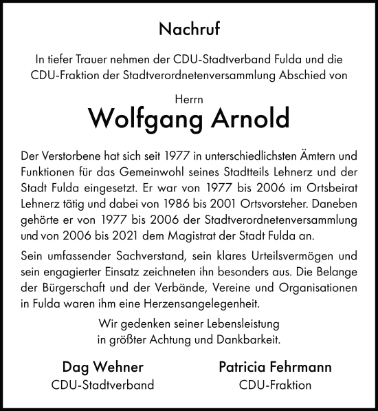 Traueranzeige von Wolfgang Arnold von FZ