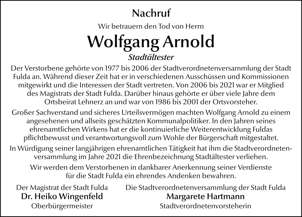  Traueranzeige für Wolfgang Arnold vom 06.12.2025 aus FZ