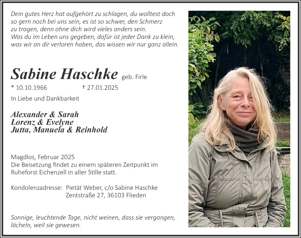  Traueranzeige für Sabine Haschke vom 03.02.2025 aus FZ