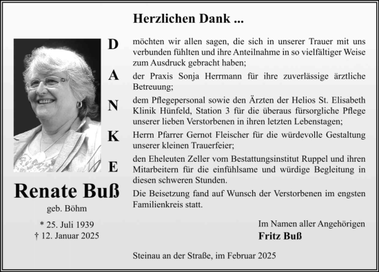 Traueranzeige von Renate Buß von FZ