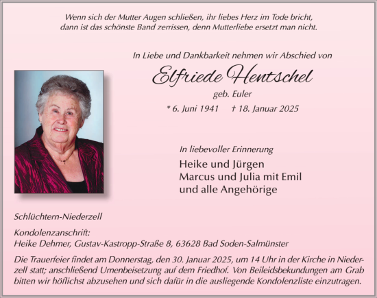 Traueranzeige von Elfriede Hentschel von FZ