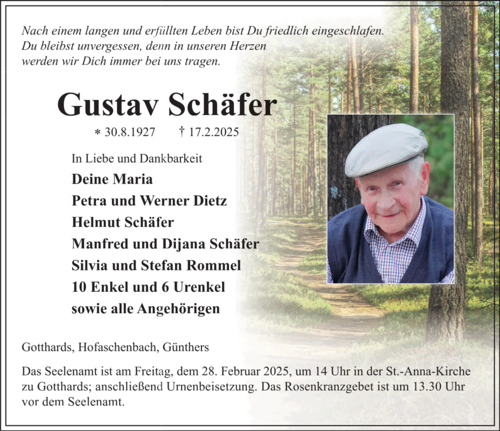  Traueranzeige für Gustav Schäfer vom 22.02.2025 aus FZ