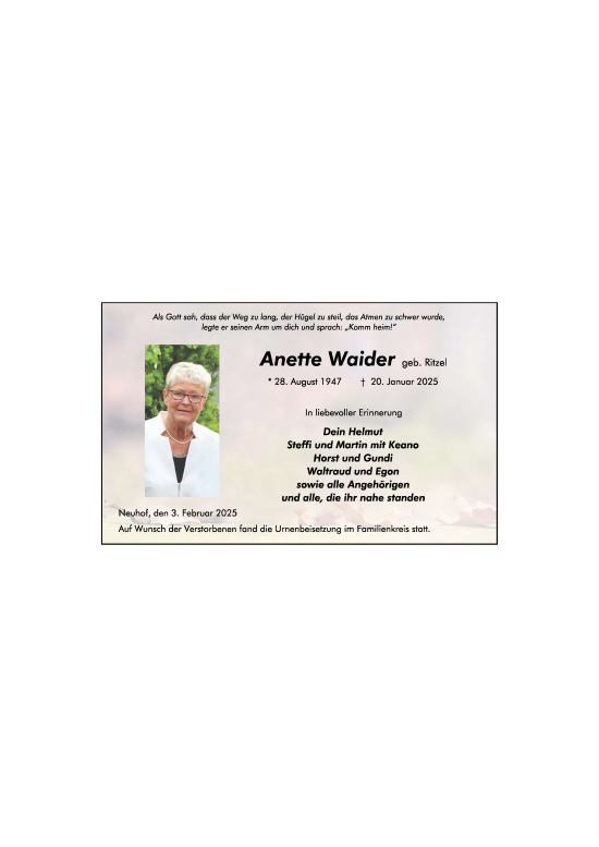 Traueranzeige von Anette Waider von FZ