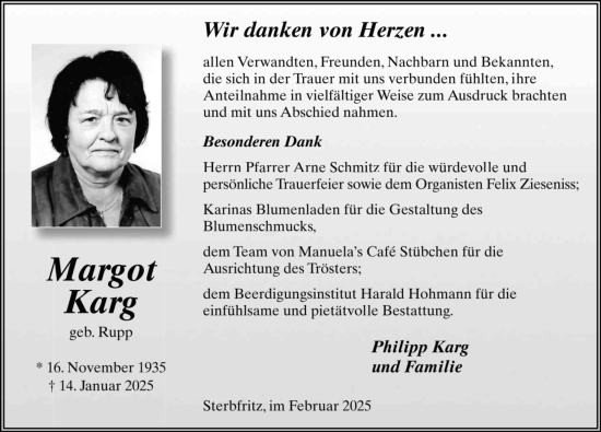 Traueranzeige von Margot Karg von FZ