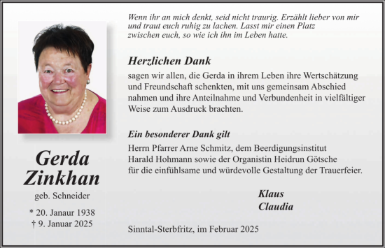 Traueranzeige von Gerda Zinkhan von FZ