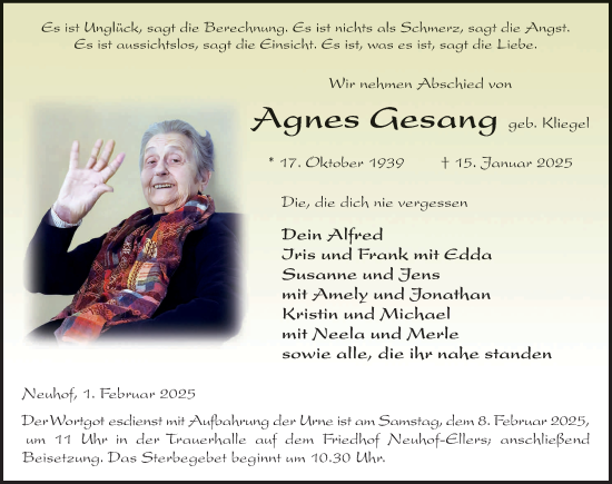 Traueranzeige von Agnes Gesang von FZ