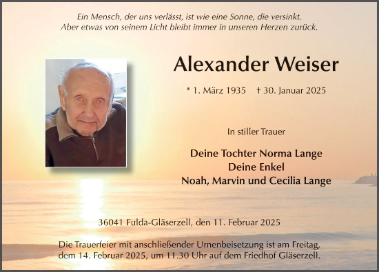 Traueranzeige von Alexander Weiser von FZ