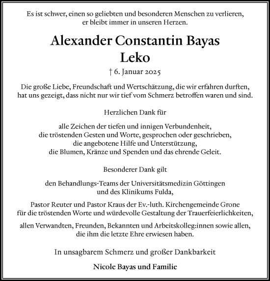Traueranzeige von Alexander Constantin Bayas von FZ