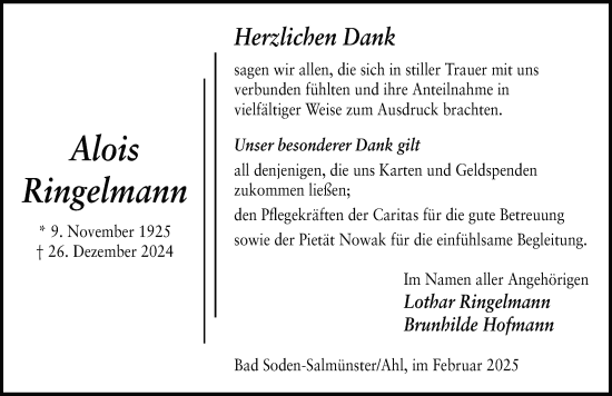 Traueranzeige von Alois Ringelmann von FZ