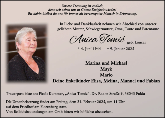 Traueranzeige von Anica Tomic von FZ