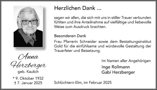 Traueranzeige von Anna Herzberger von FZ