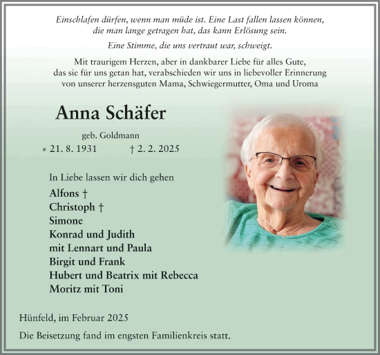 Traueranzeige von Anna Schäfer von FZ