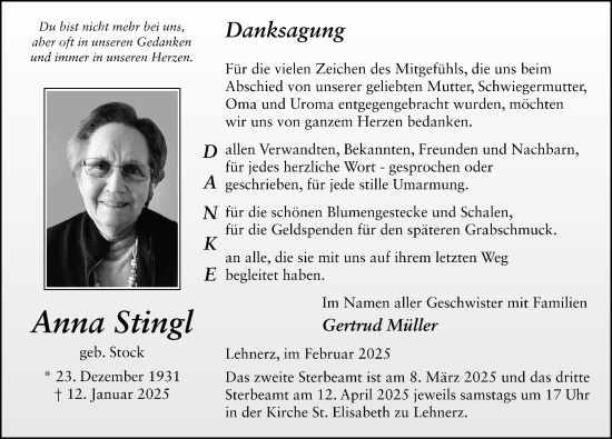 Traueranzeige von Anna Stingl von FZ