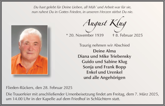 Traueranzeige von August Klug von FZ