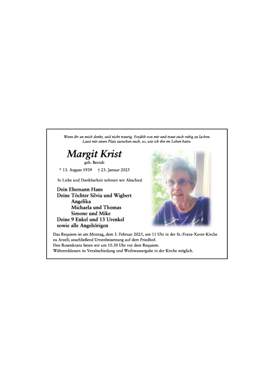 Traueranzeige von Margit Krist von FZ