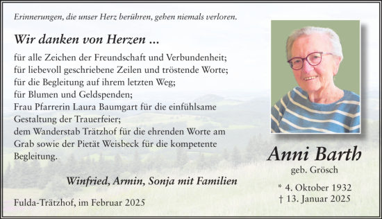 Traueranzeige von Anni Barth von FZ