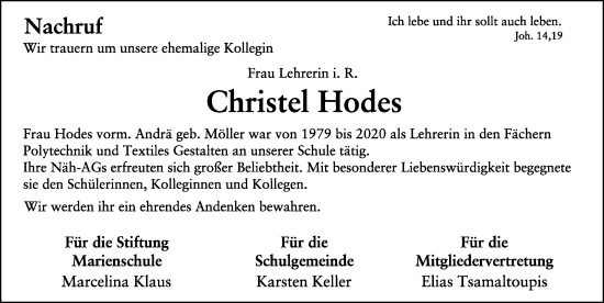Traueranzeige von Christel Hodes von FZ
