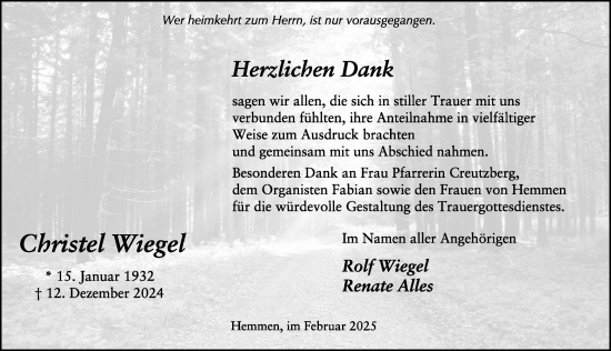 Traueranzeige von Christel Wiegel von FZ