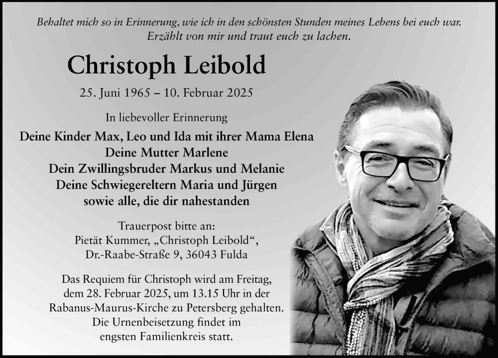  Traueranzeige für Christoph Leibold vom 22.02.2025 aus FZ