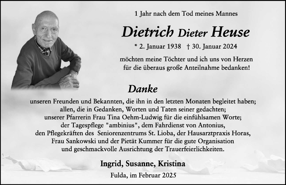  Traueranzeige für Dietrich Dieter Heuse vom 01.02.2025 aus FZ