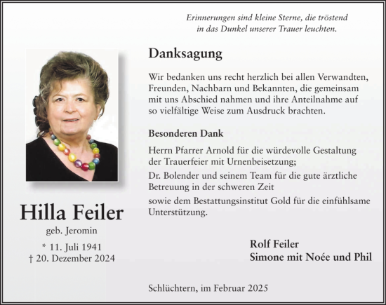 Traueranzeige von Hilla Feiler von FZ