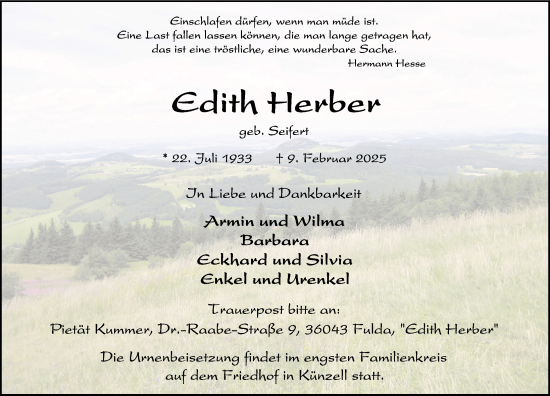 Traueranzeige von Edith Herber von FZ