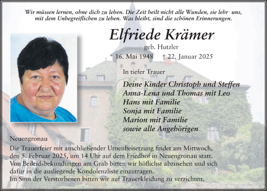 Traueranzeige von Elfriede Krämer von FZ