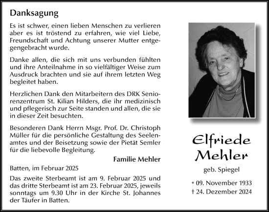 Traueranzeige von Elfriede Mehler von FZ