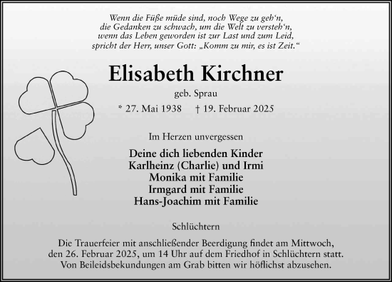 Traueranzeige von Elisabeth Kirchner von FZ