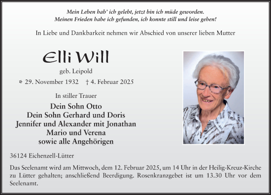 Traueranzeige von Elli Will von FZ