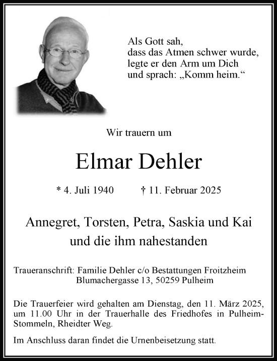 Traueranzeige von Elmar Dehler von FZ