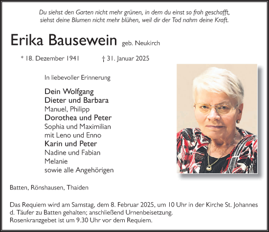 Traueranzeige von Erika Bausewein von FZ