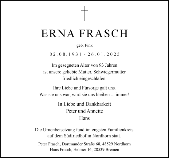 Traueranzeige von Erna Frasch von FZ