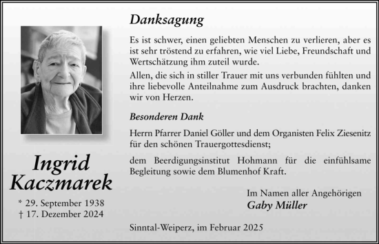 Traueranzeige von Ingrid Kaczmarek von FZ