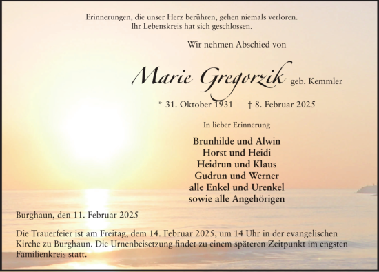 Traueranzeige von Marie Gregorzik von FZ