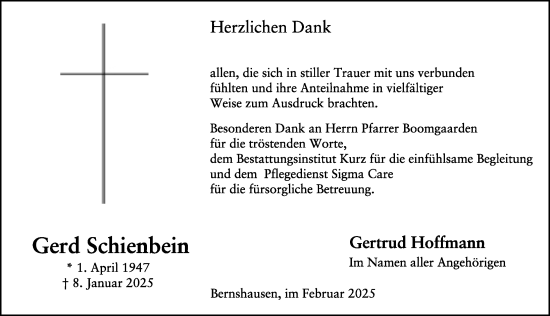 Traueranzeige von Gerd Schienbein von FZ