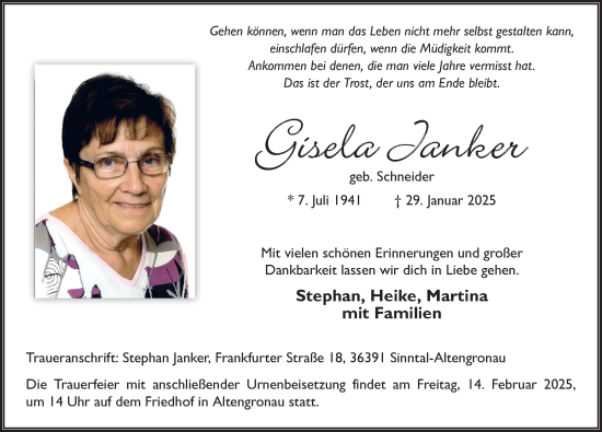 Traueranzeige von Gisela Janker von FZ