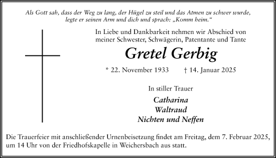 Traueranzeige von Gretel Gerbig von FZ