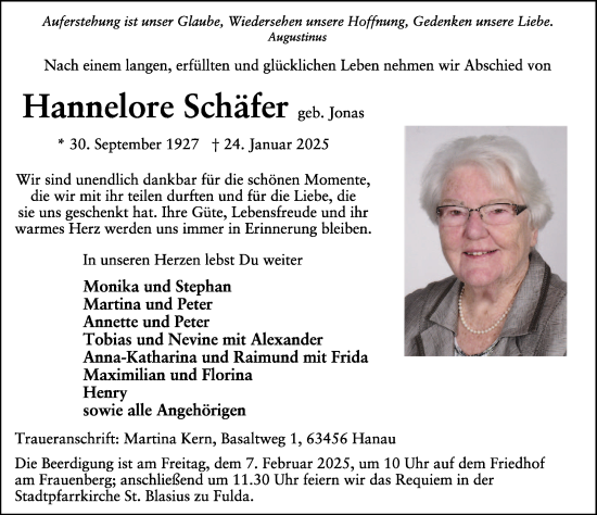Traueranzeige von Hannelore Schäfer von FZ