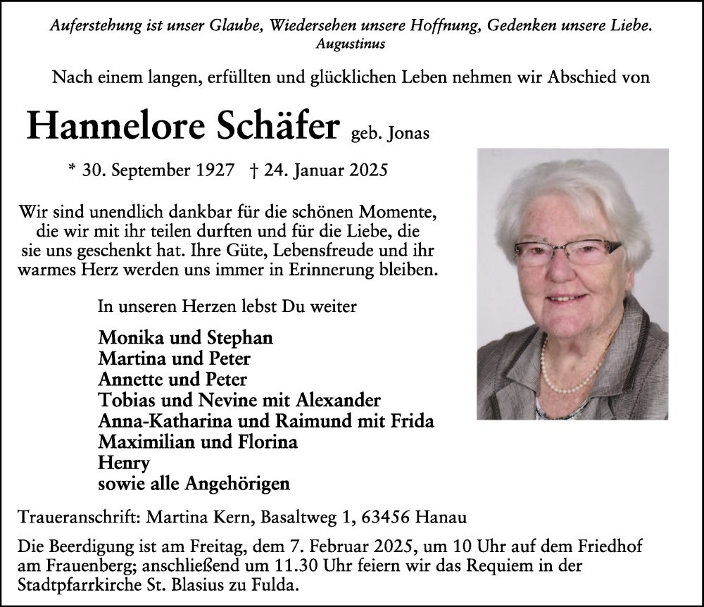  Traueranzeige für Hannelore Schäfer vom 01.02.2025 aus FZ