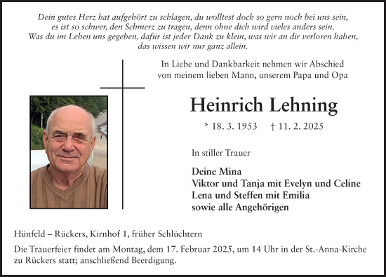 Traueranzeige von Heinrich Lehning von FZ