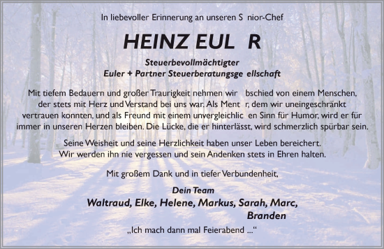Traueranzeige von Heinz Euler von FZ