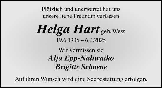 Traueranzeige von Helga Hart von FZ