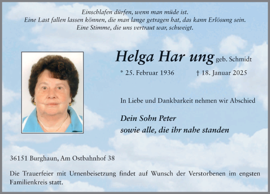 Traueranzeige von Helga Harttung von FZ