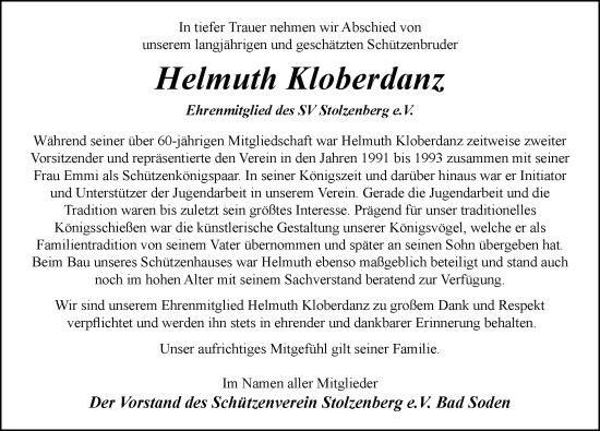Traueranzeige von Helmuth Kloberdanz von FZ