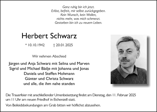 Traueranzeige von Herbert Schwarz von FZ