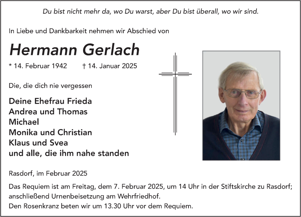  Traueranzeige für Hermann Gerlach vom 04.02.2025 aus FZ